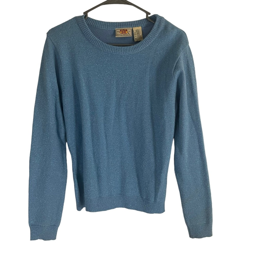 Route 66 Womens Metallic Blue Wool Blend Shimmer Crew Neck Sweater Large